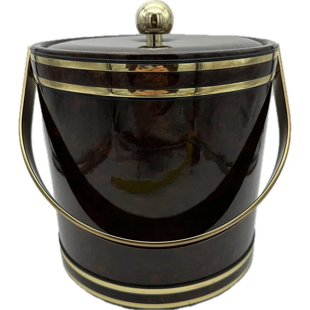 Vtg MCM Faux Tortoise Shell Brown Marbled Vinyl Padded‎ Ice Bucket Handle Core